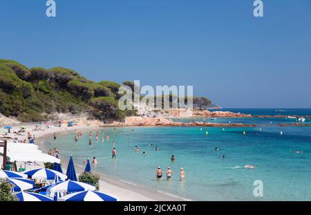 Turisti che si rilassano in acque turchesi poco profonde al largo della Plage de Palombaggia, Porto-Vecchio, Corse-du-Sud, Corsica, Francia, Mediterraneo, Europa Foto Stock