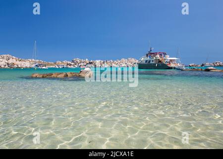 Vista sulle acque turchesi poco profonde di Cala Lazarina, Lavezzu, Isole Lavezzi, Bonifacio, Corse-du-Sud, Corsica, Francia, Mediterraneo, Europa Foto Stock