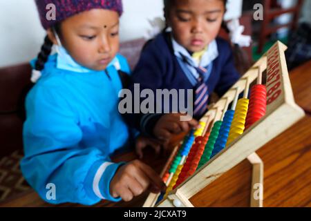 Scuola elementare, studenti che imparano a contare su un abaco, Charikot, Dolakha, Nepal, Asia Foto Stock