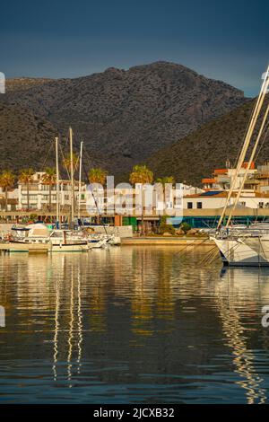 Veduta dell'alba che riflette sugli yacht di Port de Pollenca Marina, Port de Pollenca, Maiorca, Isole Baleari, Spagna, Mediterraneo, Europa Foto Stock