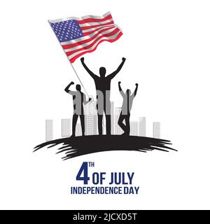 Happy Independence Day America. Bandiera con gruppo di persone. Disegno vettoriale Illustrazione Vettoriale