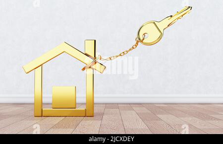 Catena di chiavi in oro con portadocumenti a forma di casa moderna dorata su pavimento in legno e sfondo bianco. Concetto di costruzione e architettura aziendale. 3D Foto Stock