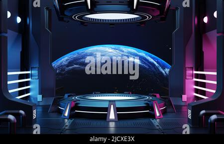 Vetrina del podio del prodotto sci-fi in una stanza vuota della navicella spaziale con sfondo blu terrestre. Cyberpunk blu e rosa colore neon Space tecnologia e intrattenimento Foto Stock
