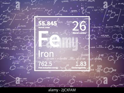 Elemento chimico di ferro con prima energia di ionizzazione, massa atomica e valori di elettronegatività su sfondo scientifico Illustrazione Vettoriale