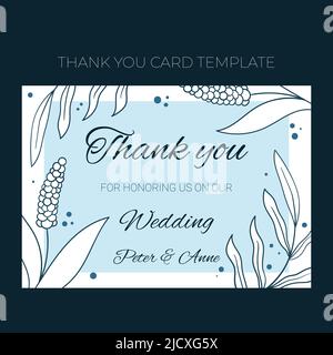 Matrimonio floreale grazie carta modello in stile doodle disegnato a mano, carta di invito design con linea fiori e foglie, punti. Cornice decorativa vettoriale su sfondo bianco e blu. Illustrazione Vettoriale