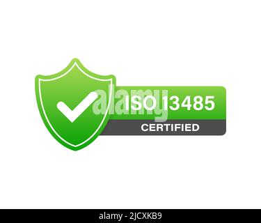 Badge certificato ISO 13485, icona. Timbro di certificazione. Vettore di disegno piatto Illustrazione Vettoriale