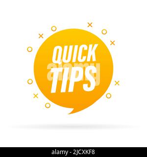 Quick Tips badge, banner vettore con lampadina e bolla vocale isolato su sfondo bianco Illustrazione Vettoriale