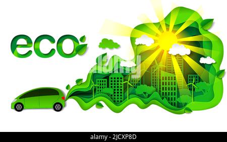 Illustrazione vettoriale ecologica dell'automobile in stile moderno dell'arte della carta Illustrazione Vettoriale