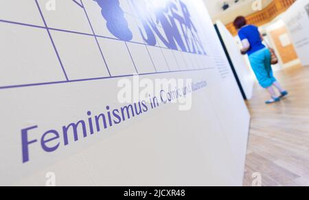 Erlangen, Germania. 16th giugno 2022. Una donna cammina attraverso una mostra al Salone Comic 2022 con il tema "Feminismo in fumetti e illustrazioni". Credit: Nicolas Armer/dpa/Alamy Live News Foto Stock