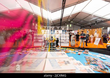 Erlangen, Germania. 16th giugno 2022. I visitatori camminano attraverso una sala al Salone Comic 2022 di Erlangen. Credit: Nicolas Armer/dpa/Alamy Live News Foto Stock