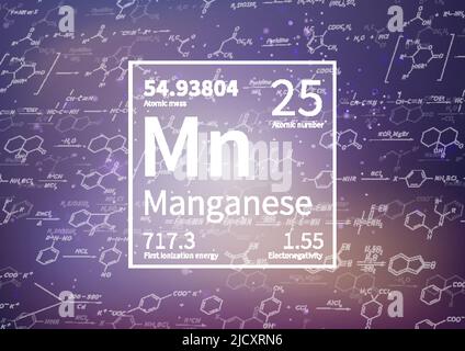 Elemento chimico manganese con prima energia di ionizzazione, massa atomica e valori di elettronegatività su sfondo scientifico Illustrazione Vettoriale