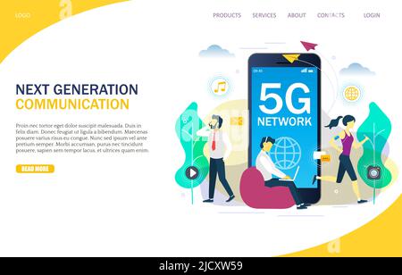 Modello di progettazione della landing page del sito Web del vettore di rete 5G Illustrazione Vettoriale
