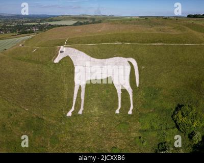 Westbury White Horse Chalk Hill figura. Castello di Bratton. Wessex Ridgeway percorso preistorico a lunga distanza. Bratton Downs. Wiltshire. Inghilterra. REGNO UNITO Foto Stock