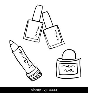 Set di articoli cosmetici in stile minimalista con disegno a mano. Rossetto, smalto per unghie e silhouette profumata Illustrazione Vettoriale
