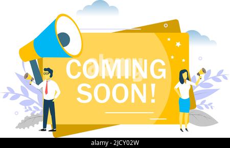 Presto disponibile, illustrazione del design vettoriale in stile piatto Illustrazione Vettoriale