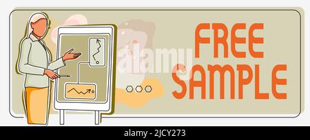 Testo che mostra il campione senza ispirazione. Foto concettuale parte dei prodotti dati ai consumatori in centri commerciali Lady in piedi sfondo tenuta Foto Stock