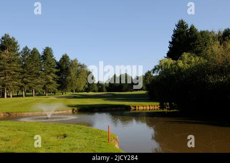 Vista di mattina presto su Pond to 4th Green, Bentley Golf Club, Brentwood, Essex, Inghilterra Foto Stock