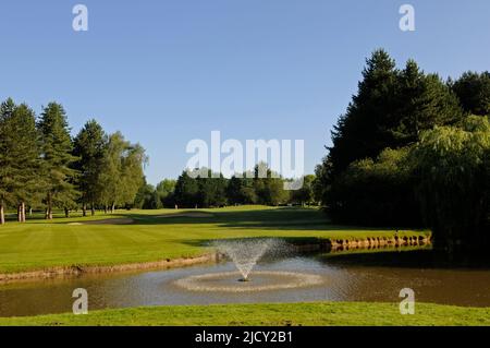 Vista di mattina presto su Pond to 4th Green, Bentley Golf Club, Brentwood, Essex, Inghilterra Foto Stock