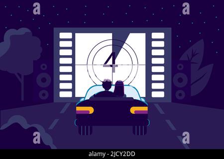 Drive-in cinema con parcheggio all'aperto in stile piatto Film vettore illustrazione coppia in amore guardare film seduti in auto. Cinema all'aperto in Illustrazione Vettoriale