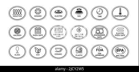 Un grande set di icone di etichettatura delle pentole in una cornice ovale. Induzione, gas, microonde, approvazione FDA, senza BPA, Ecc. per indicare una superficie, rivestimento Illustrazione Vettoriale