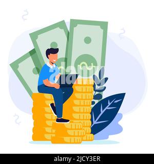 Businessman seduto su un grande denaro e monete Finanza successo denaro ricchezza vettore illustrazione concetto. Dipendente freelance o manager che fanno investimenti Illustrazione Vettoriale