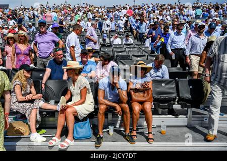 Londra, Regno Unito. 16th giugno 2022. Tempo UK : gli spettatori guardano una partita di tennis al Centre Court al Queen's Club durante i Campionati Cinch durante le temperature di 28C e il sole splendente. La previsione per domani è che le temperature aumentino ulteriormente a 32C in un'onda di calore che interesserà la maggior parte del paese. Credit: Stephen Chung/Alamy Live News Foto Stock