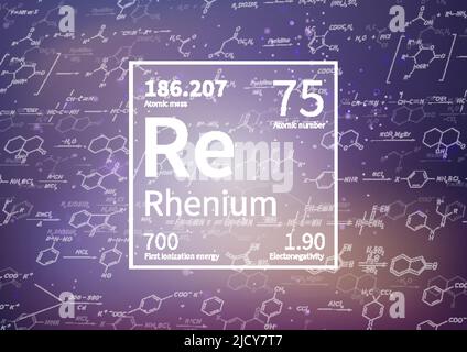Elemento chimico al renio con prima energia di ionizzazione, massa atomica e valori di elettronegatività su sfondo scientifico Illustrazione Vettoriale
