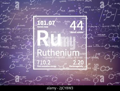 Elemento chimico rutenio con prima energia di ionizzazione, massa atomica e valori di elettronegatività su sfondo scientifico Illustrazione Vettoriale