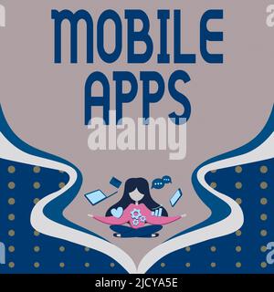 Firmare la visualizzazione delle app mobili. Concetto di business piccoli programmi sono fatti per lavorare su telefoni come app store o app store Woman circondato con Foto Stock