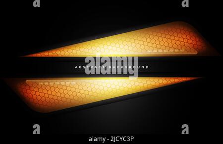 Sfondo moderno nero astratto con forme traslucide esagonali arancioni e gialle luminose. Concetto di base della tecnologia astratta moderna. Vettore Illustrazione Vettoriale