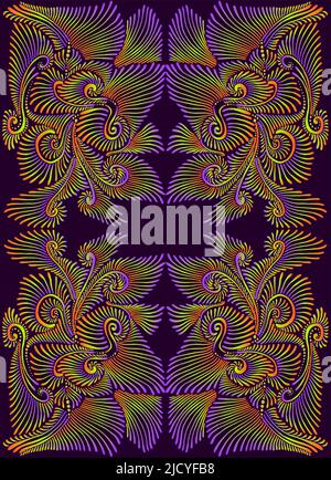 Elegante trippy psichedelico colorato mandala frattale, viola verde chiaro arancione gradiente colore. 3D effetto. Kaleidoscope fiore con molti ornamentali Illustrazione Vettoriale