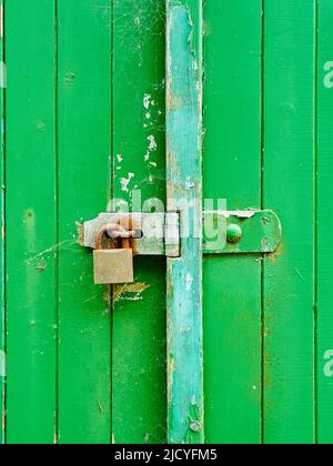 Ritratto da vicino vista di un paio di vecchie e stressate porte in legno verniciato verde lucchettate con un nasello e una chiusura Foto Stock