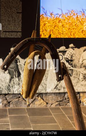 Imbracatura per un mulo o un cavallo come parte di una esposizione multimediale all'Eco Museum che mostra manufatti e mostre dello stile di vita agricolo e rurale Foto Stock