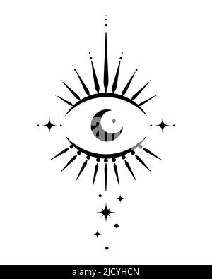 Occhio sacro, luna a mezzaluna magica in stile boho, tatuaggio vettoriale nero isolato su sfondo bianco. Icona del logo boemo, elemento di alchimia di design geometrico Illustrazione Vettoriale