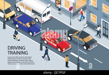Scuola di guida isometrica sfondo orizzontale con paesaggio all'aperto e guida auto che si muove lungo il traffico stradale illustrazione vettoriale Illustrazione Vettoriale