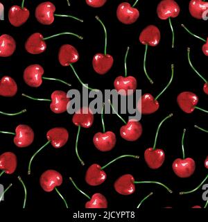 Motivo senza cuciture Cherry. Illustrazione dell'acquerello. Isolato su sfondo nero. Per i vostri tessuti di disegno, carta di imballaggio, libri di cucina, grembiuli Foto Stock