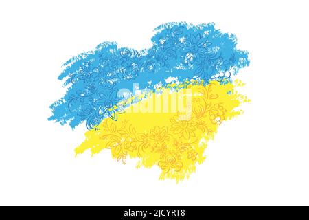 Bandiera dell'Ucraina a forma di cuore con i colori della pittura nazionale di Petrykivka. Amore per l'Ucraina. Illustrazione vettoriale. Illustrazione Vettoriale
