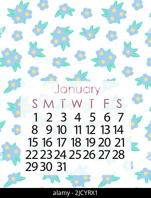 Calendario modello pagina per gennaio 2023 in semplice stile minimalista, sul morbido sfondo motivo floreale sfocato, settimana inizia la Domenica, pagina stampabile vettoriale Illustrazione Vettoriale