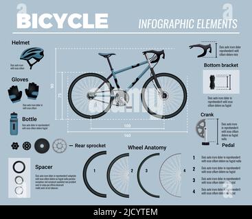 Infografica sulle parti della bicicletta con immagini realistiche della moto mtb con accessori e testo modificabile suggerimenti didascalie illustrazione vettoriale Illustrazione Vettoriale