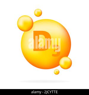 Vitamina D3. Icona della capsula della pillola della goccia della vitamina della niacina. Illustrazione Vettoriale