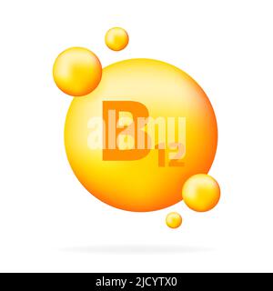 Vitamina B12. Icona della capsula della pillola della goccia della vitamina della niacina. Illustrazione Vettoriale