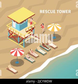 Bagnino sulla torre di salvataggio e persone sulla spiaggia 3D isometrica illustrazione vettoriale Illustrazione Vettoriale