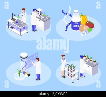 BIO Engineering Concept 4 icone isometriche con alimenti geneticamente modificati laboratorio biotecnologia ogm manipolazione del dna illustrazione vettoriale Illustrazione Vettoriale