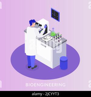 Assistente di laboratorio di Bioengineering che controlla la composizione isometrica della produzione di ogm con provette per microscopio elettronico esempi di illustrazione vettoriale Illustrazione Vettoriale