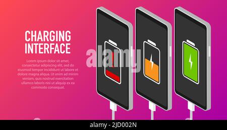 Smartphone con batteria scarica e completamente carica - infografica vettoriale. Isolato su sfondo rosa. Illustrazione Vettoriale