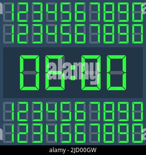 Numeri digitali dell'orologio vettoriale verde su un display scuro. Illustrazione Vettoriale