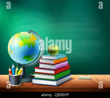 Back to School background con i libri matite pentola globo sul tavolo in aula realistico illustrazione vettoriale Illustrazione Vettoriale