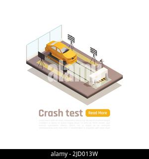 Crash test di sicurezza auto composizione isometrica con immagine di auto su strumento di prova con testo modificabile illustrazione vettoriale Illustrazione Vettoriale