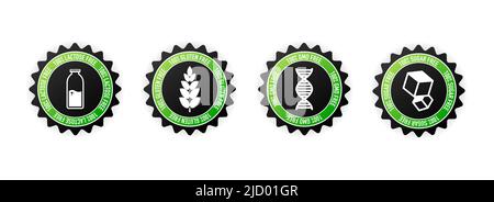 Icona piatta con lattosio glutine, timbro senza zucchero ogm. Segni organici. Illustrazione vettoriale. Illustrazione Vettoriale