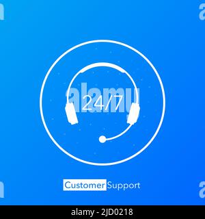 24/7 supporto in stile astratto su sfondo bianco. Servizio clienti. Call center per l'assistenza online. Vettore piatto. Vettore logo. Illustrazione Vettoriale